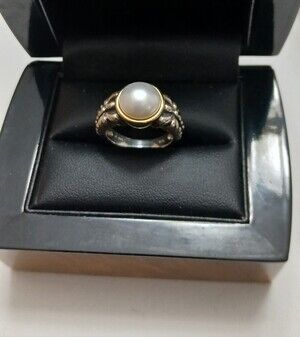 Vintage Pearl Cabochon Two-Tone Sterling Silver & 14kt Ring Sz 7